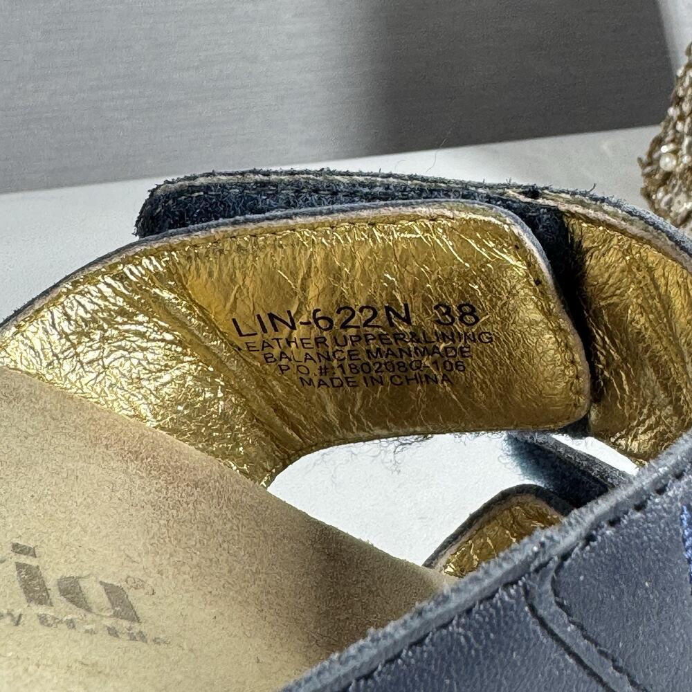 Alegria Linn Embroidered Leather Navy Wedge Sandal 38 Size 8 - 8.5 US LIN 622 N - Picture 5 of 6